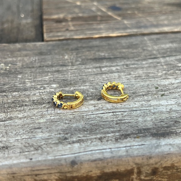 10k gold sapphire earrings natural blue hoop hoops huggies yellow minimalist 10k - Picture 11 of 16